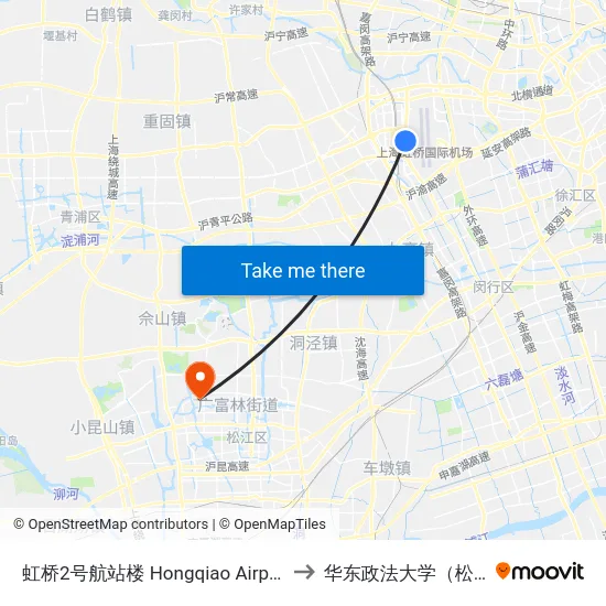 虹桥2号航站楼 Hongqiao Airport Terminal 2 to 华东政法大学（松江校区） map