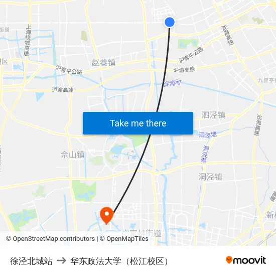 徐泾北城站 to 华东政法大学（松江校区） map