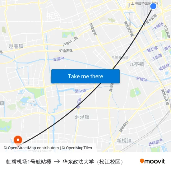 虹桥机场1号航站楼 to 华东政法大学（松江校区） map