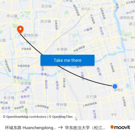 环城东路 Huanchengdong Road to 华东政法大学（松江校区） map