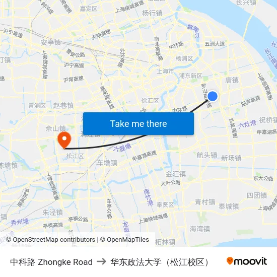 中科路 Zhongke Road to 华东政法大学（松江校区） map
