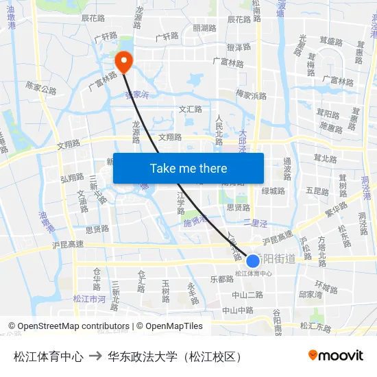 松江体育中心 to 华东政法大学（松江校区） map