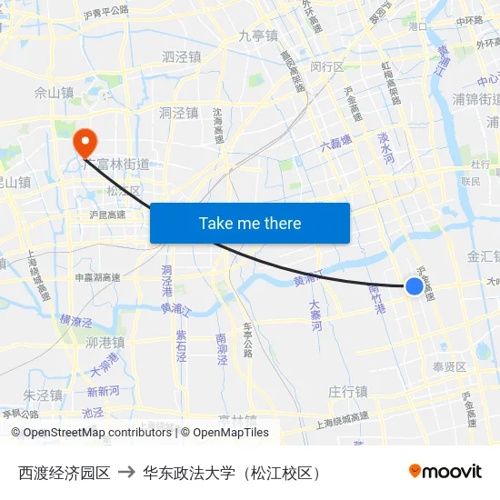 西渡经济园区 to 华东政法大学（松江校区） map