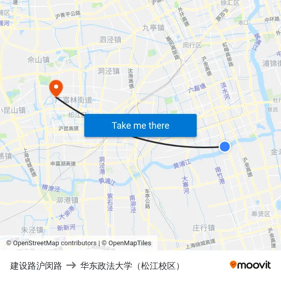 建设路沪闵路 to 华东政法大学（松江校区） map