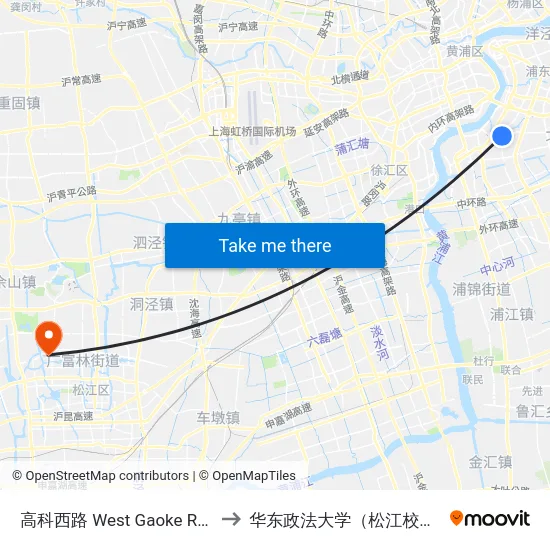 高科西路 West Gaoke Road to 华东政法大学（松江校区） map