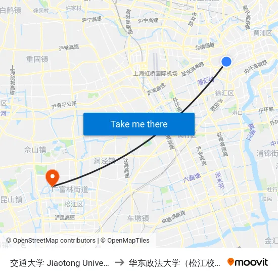 交通大学 Jiaotong University to 华东政法大学（松江校区） map
