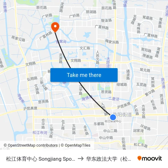 松江体育中心 Songjiang Sports Center to 华东政法大学（松江校区） map