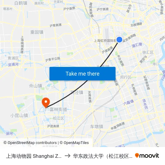 上海动物园 Shanghai Zoo to 华东政法大学（松江校区） map