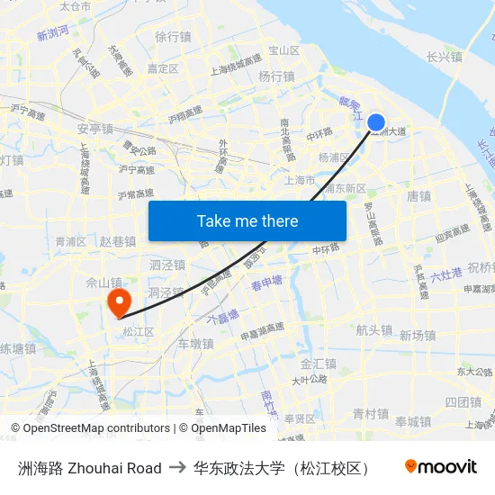 洲海路 Zhouhai Road to 华东政法大学（松江校区） map