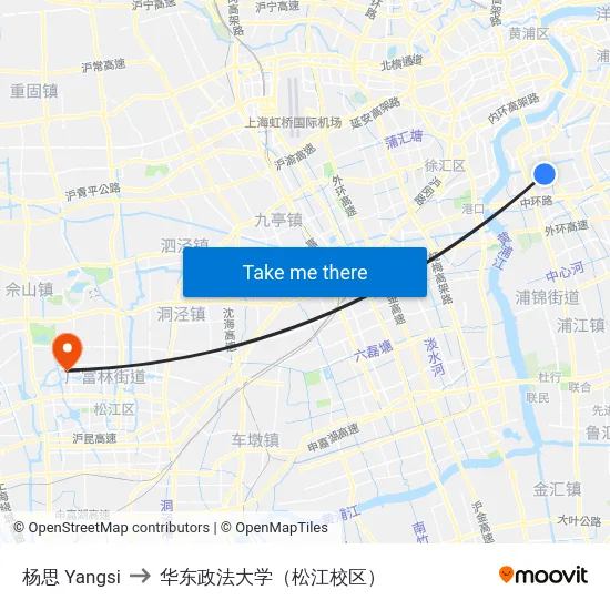 杨思 Yangsi to 华东政法大学（松江校区） map