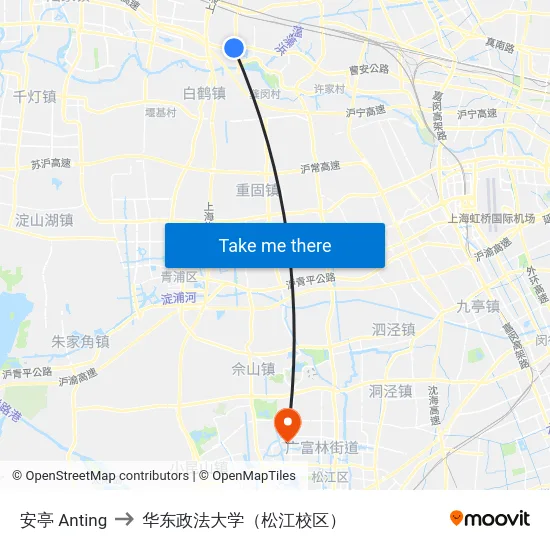 安亭 Anting to 华东政法大学（松江校区） map