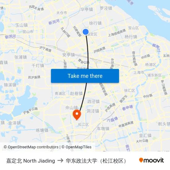 嘉定北 North Jiading to 华东政法大学（松江校区） map