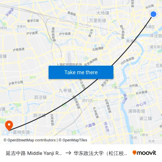 延吉中路 Middle Yanji Road to 华东政法大学（松江校区） map