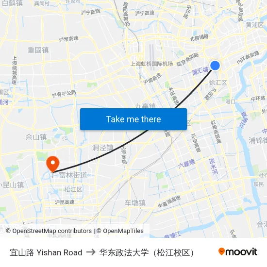 宜山路 Yishan Road to 华东政法大学（松江校区） map