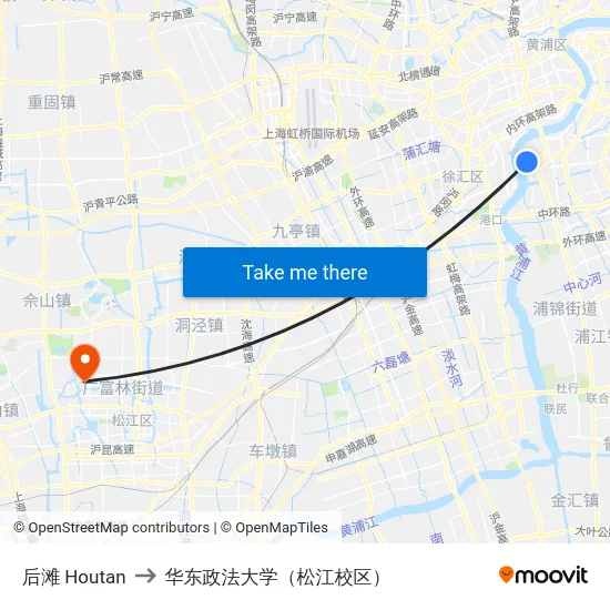 后滩 Houtan to 华东政法大学（松江校区） map