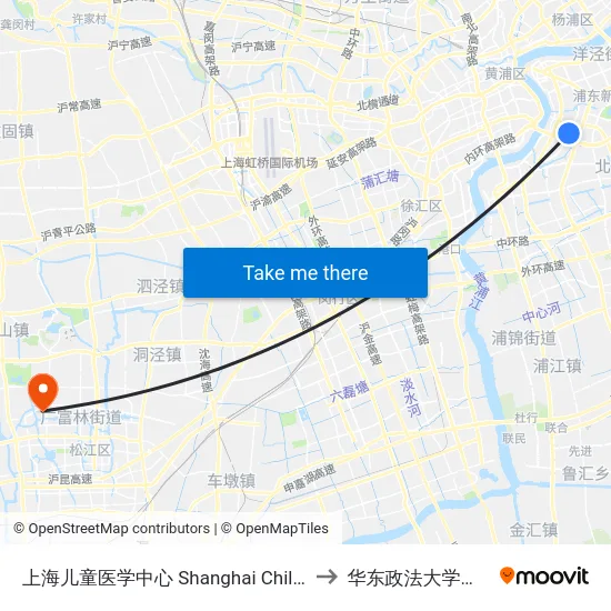 上海儿童医学中心 Shanghai Children's Medical Center to 华东政法大学（松江校区） map