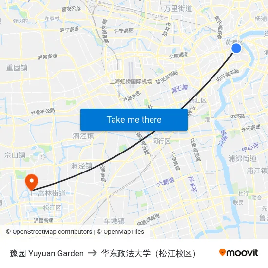 豫园 Yuyuan Garden to 华东政法大学（松江校区） map