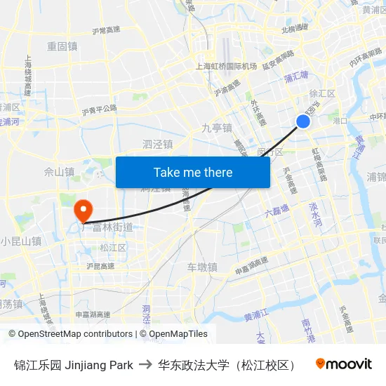 锦江乐园 Jinjiang Park to 华东政法大学（松江校区） map