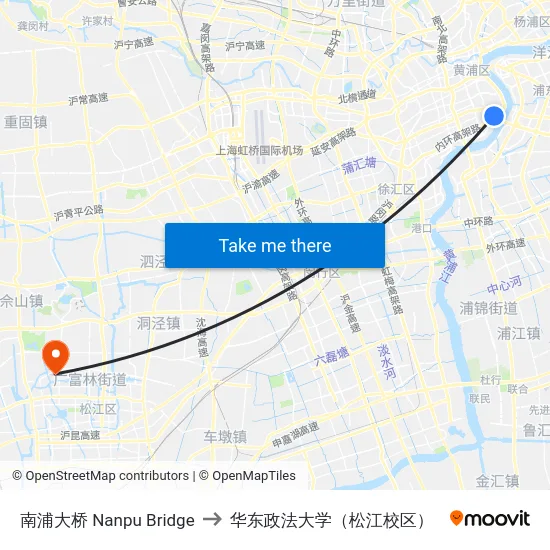 南浦大桥 Nanpu Bridge to 华东政法大学（松江校区） map
