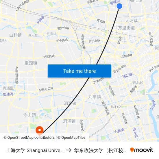 上海大学 Shanghai University to 华东政法大学（松江校区） map