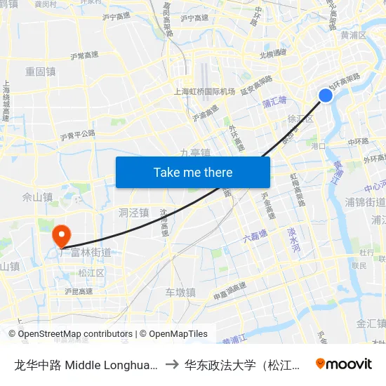 龙华中路 Middle Longhua Road to 华东政法大学（松江校区） map