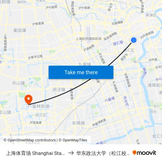 上海体育场 Shanghai Stadium to 华东政法大学（松江校区） map
