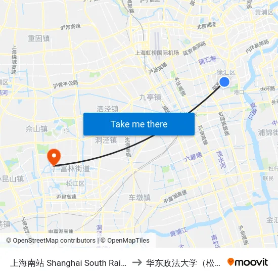 上海南站 Shanghai South Railway Station to 华东政法大学（松江校区） map