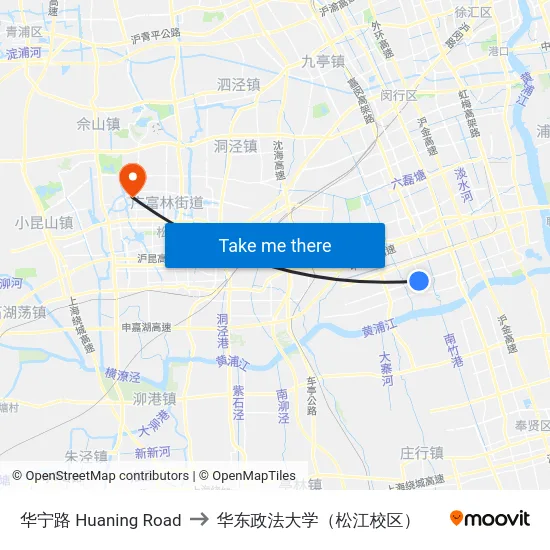 华宁路 Huaning Road to 华东政法大学（松江校区） map