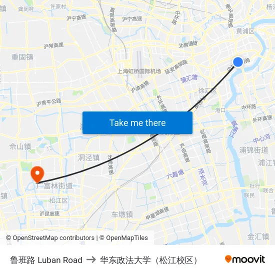 鲁班路 Luban Road to 华东政法大学（松江校区） map