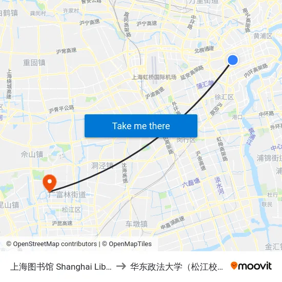 上海图书馆 Shanghai Library to 华东政法大学（松江校区） map
