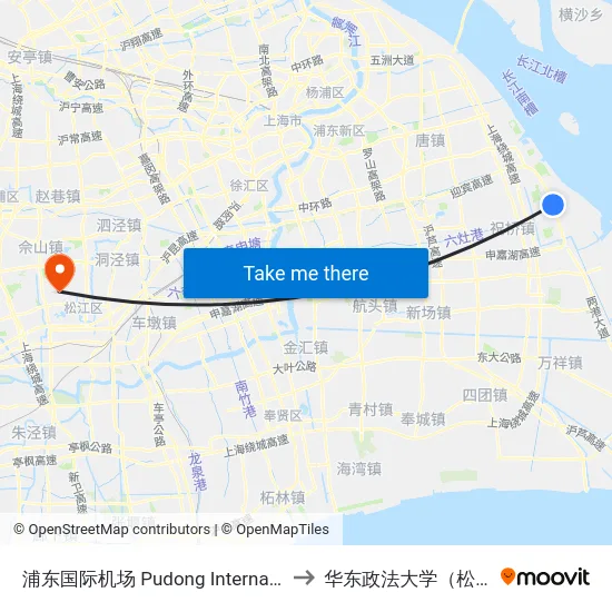 浦东国际机场 Pudong International Airport to 华东政法大学（松江校区） map