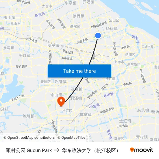 顾村公园 Gucun Park to 华东政法大学（松江校区） map