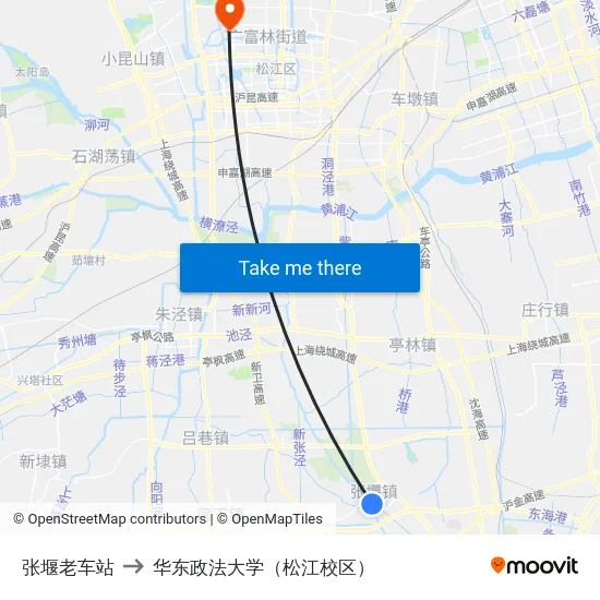 张堰老车站 to 华东政法大学（松江校区） map