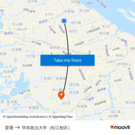 娄塘 to 华东政法大学（松江校区） map