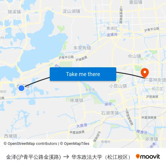 金泽(沪青平公路金溪路) to 华东政法大学（松江校区） map