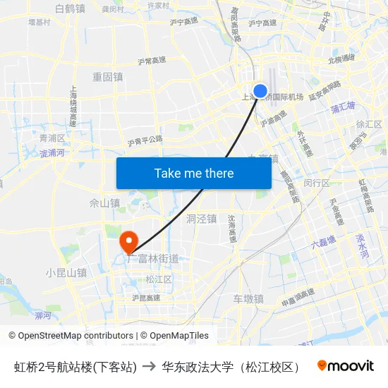 虹桥2号航站楼(下客站) to 华东政法大学（松江校区） map