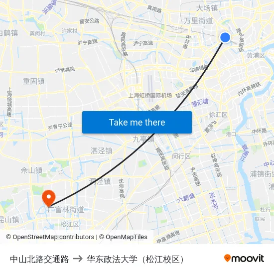 中山北路交通路 to 华东政法大学（松江校区） map