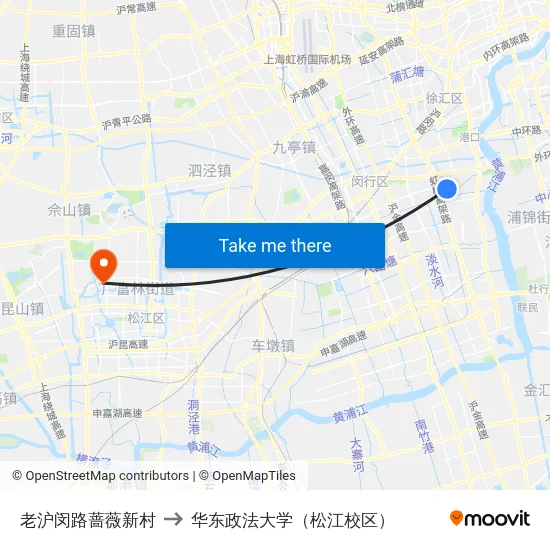 老沪闵路蔷薇新村 to 华东政法大学（松江校区） map