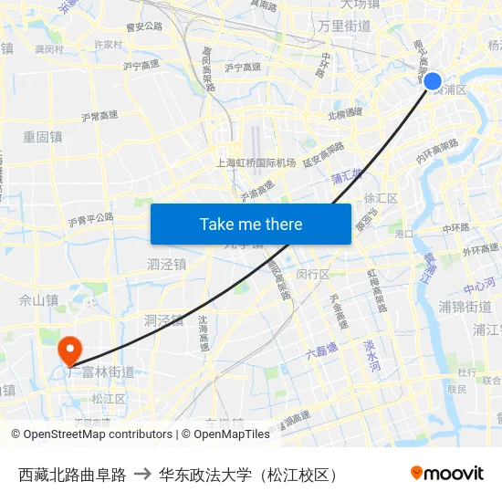 西藏北路曲阜路 to 华东政法大学（松江校区） map