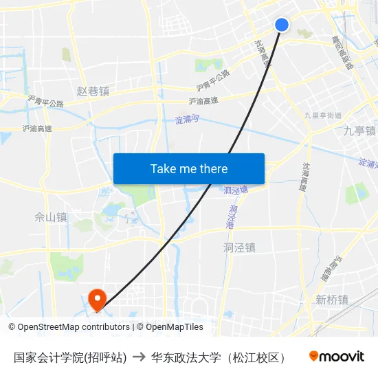 国家会计学院(招呼站) to 华东政法大学（松江校区） map