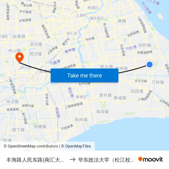 丰海路人民东路(南汇大学城) to 华东政法大学（松江校区） map