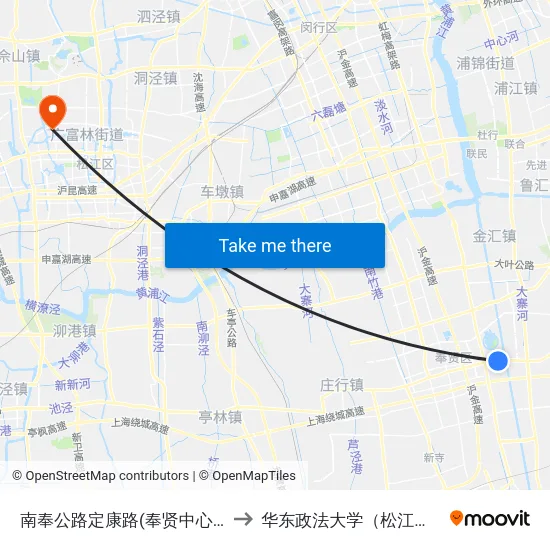 南奉公路定康路(奉贤中心医院) to 华东政法大学（松江校区） map