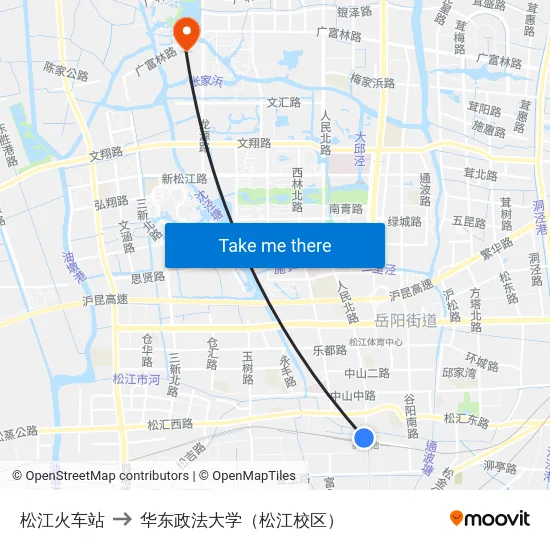松江火车站 to 华东政法大学（松江校区） map