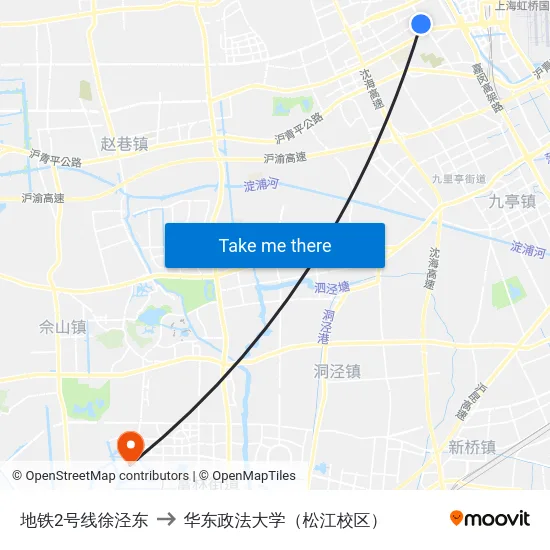 地铁2号线徐泾东 to 华东政法大学（松江校区） map