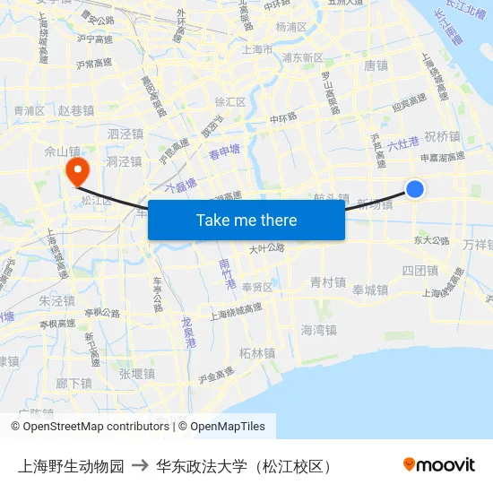 上海野生动物园 to 华东政法大学（松江校区） map