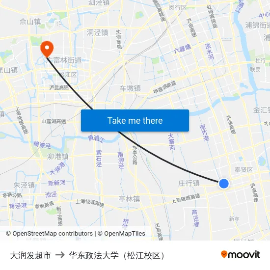 大润发超市 to 华东政法大学（松江校区） map