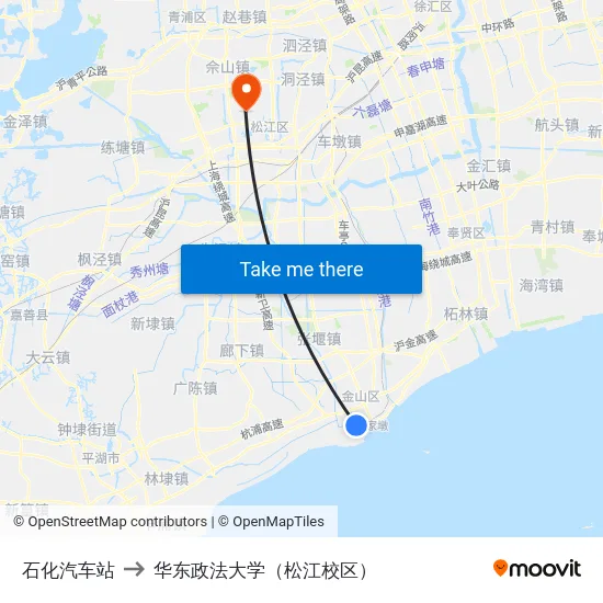 石化汽车站 to 华东政法大学（松江校区） map