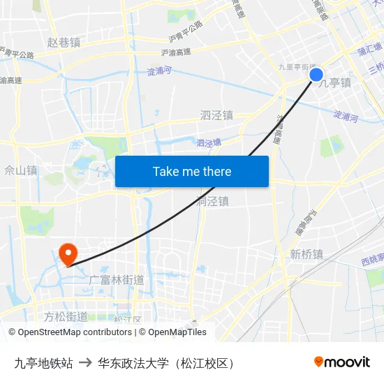 九亭地铁站 to 华东政法大学（松江校区） map