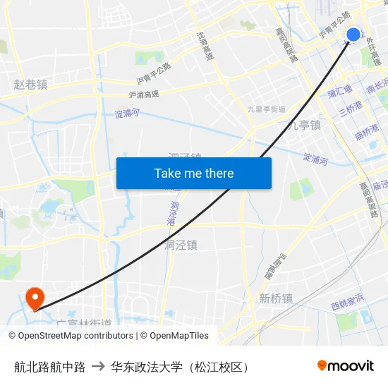 航北路航中路 to 华东政法大学（松江校区） map