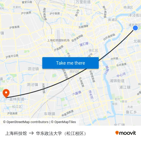 上海科技馆 to 华东政法大学（松江校区） map